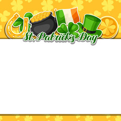 Saint Patricks Day frame. Flag Ireland, pot of gold coins, shamrocks, green hat and horseshoe