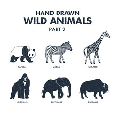 Hand drawn textured wild animals icons set with giraffe, zebra, panda, gorilla, elephant, and buffalo vector illustrations.