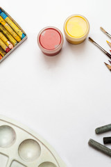 Drawing items on a white background, top view, text space, vertical