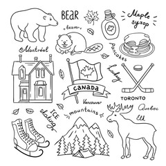 Canada symbols hand drawn illustrations. Canada doodles: animals, food, sport, nature © redchocolatte