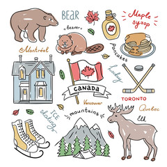 Canada symbols hand drawn illustrations. Canada doodles: animals, food, sport, nature © redchocolatte