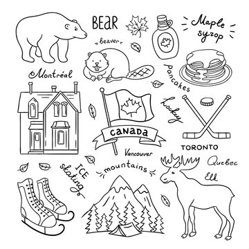 Canada symbols hand drawn illustrations. Canada doodles: animals, food, sport, nature