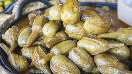Aubergines of almagro, typical Spanish food, pickles in vinegar