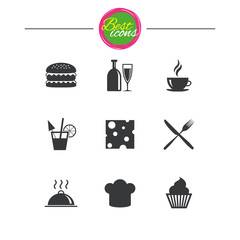 Food, drink icons. Coffee and hamburger signs.