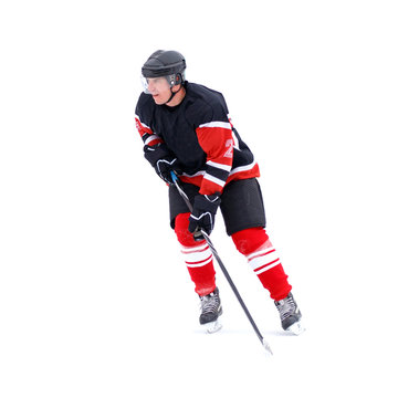 Young Ice hockey player with hockey stick isolated on white background