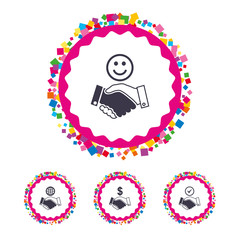 Handshake icons. World, Smile happy face.