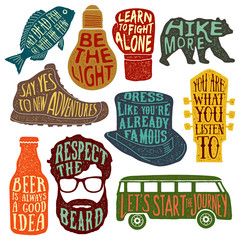 set of hand drawn vintage labels with textured illustrations and inspirational quotes