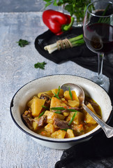 Roast meat and Temyan on concrete background 