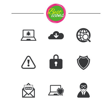 Internet privacy icons. Cyber crime signs.