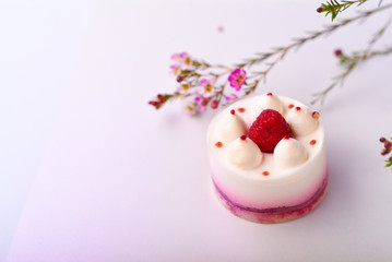 Delicious cake with raspberries on a white background with wildflowers