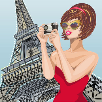 Pin-up sexy woman takes pictures on camera near Eiffel Tower in Paris. Pop Art vector