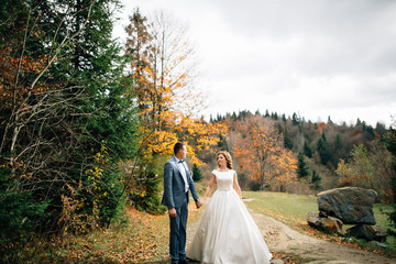 wedding couple walking in the mountains