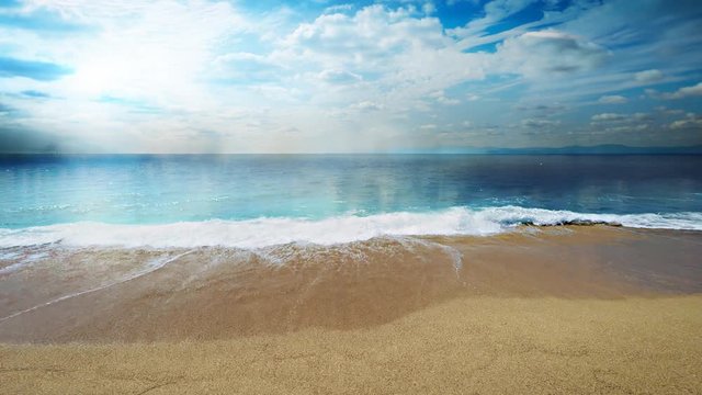 Beautiful mediterranean sea coastline, large storm clouds slowly moving over the horizon, strong waves crashing on seashore with foam on yellow clean sand, perfect for film, digital composition