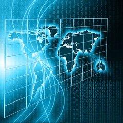 World map on a technological background, glowing lines symbols of the Internet, radio, television, mobile and satellite communications.