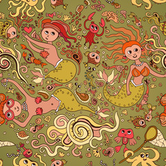 Obraz na płótnie Canvas Beautiful retro seamless pattern with mermaid