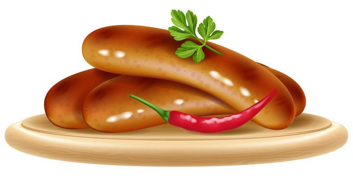 Grilled sausages with chili pepper and parsley on a wooden plate. Vector illustration.
