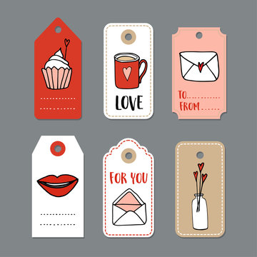 Set of cute hand drawn Valentines day cards, gift tags with doodle sketch love symbols, isolated vector objects.