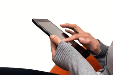 woman hands touch with finger on tablet. White background