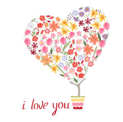 Stylized tree in cute flower pot. Topiary with heart made of different flowers