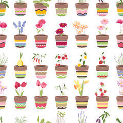 Seamless pattern with cute striped flower pots and growing flowers. Endless texture for your design, advertisement, posters.