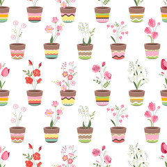 Seamless pattern with cute striped flower pots and growing flowers. Endless texture for your design, advertisement, posters.