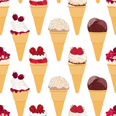 Seamless pattern with various icecreams  in cones. Different taste and color.