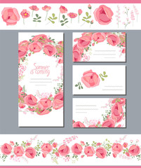Floral spring templates with cute red roses. Endless horizontal pattern brush. For romantic and wedding design, announcements, greeting cards, posters, advertisement.