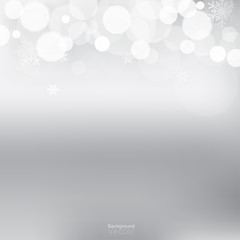 White bokeh and snowflakes, border design, on gradient light gray background