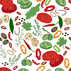 Seamless pattern with different vegetables and herbs. Endless texture for your design, announcements, fabrics, cards, posters, restaurant and cafe menu.