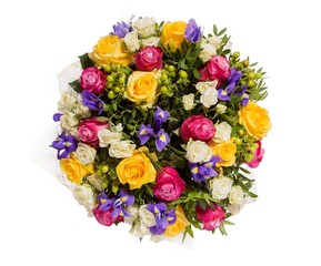 Bouquet of flowers top view on white background