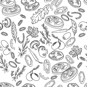 Seamless pattern with different vegetables and herbs. Endless texture for your design, announcements, fabrics, cards, posters, restaurant and cafe menu. Black and white