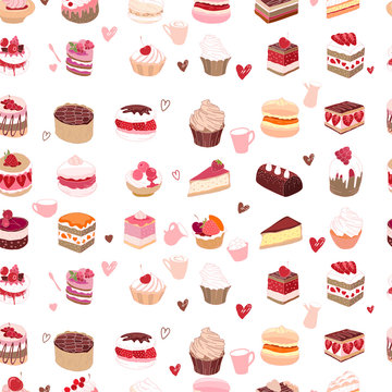 Seamless pattern wit different kinds of dessert. Endless texture for your design, announcements, postcards, posters, restaurant menu.