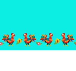 Plasticine rooster seamless border with flowers
