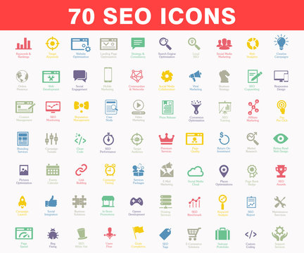 Simple SEO Icons Set. Universal SEO Elements and Icons Illustration Can Be Used As Web And Mobile UI, Set Of Basic SEO Elements With Colors