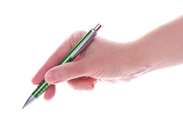 Pen in hand on an isolated background