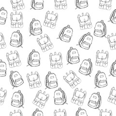 Seamless vector pattern with hand drawn isolated backpacks in doodle style for your design