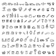 Fototapeta na wymiar Big doodle set with hand drawn vector elements, logos, including business, travel, kitchen, hotel, educational, hobbies icons.