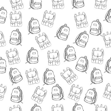 Seamless vector pattern with hand drawn isolated backpacks in doodle style for your design