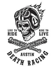 Racing emblem with skull in helmet, typography and springs