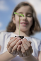 Little girl and young plant of a sunflower