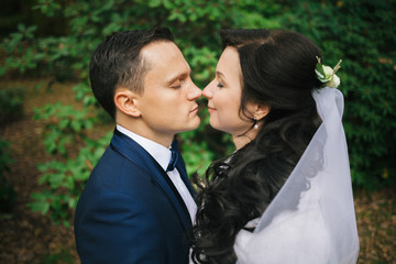 Wedding photo shoot. Beautiful groom and bride in nature.