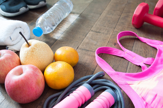 Fruit and sport accessories for workout, Healthy lifestyle conce