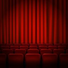 Movie cinema premiere poster design with red curtains. Vector banner.