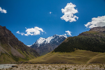 Beautiful morning landscape with high mountain, trees and clouds