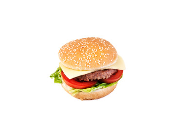 Hamburguesa sobre fondo blanco aislado. Vista superior