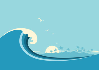 Obraz premium Duża ocean fala i tropikalna wyspa. Wektorowy błękitny tło