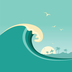 Obraz premium Duża fala oceaniczna i tropikalna wyspa. Tło wektor plakat