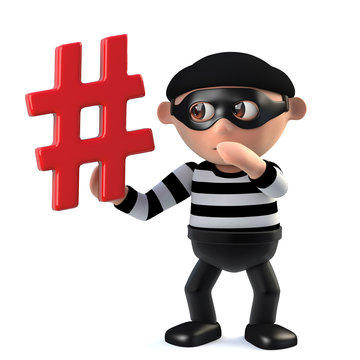 3d Funny cartoon criminal burglar character has a hashtag symbol