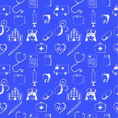 Blue seamless pattern-medical items. This illustration is drawn with a pencil.