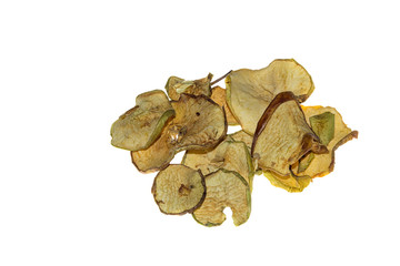 heap of thinly sliced apple pieces, isolated on white background